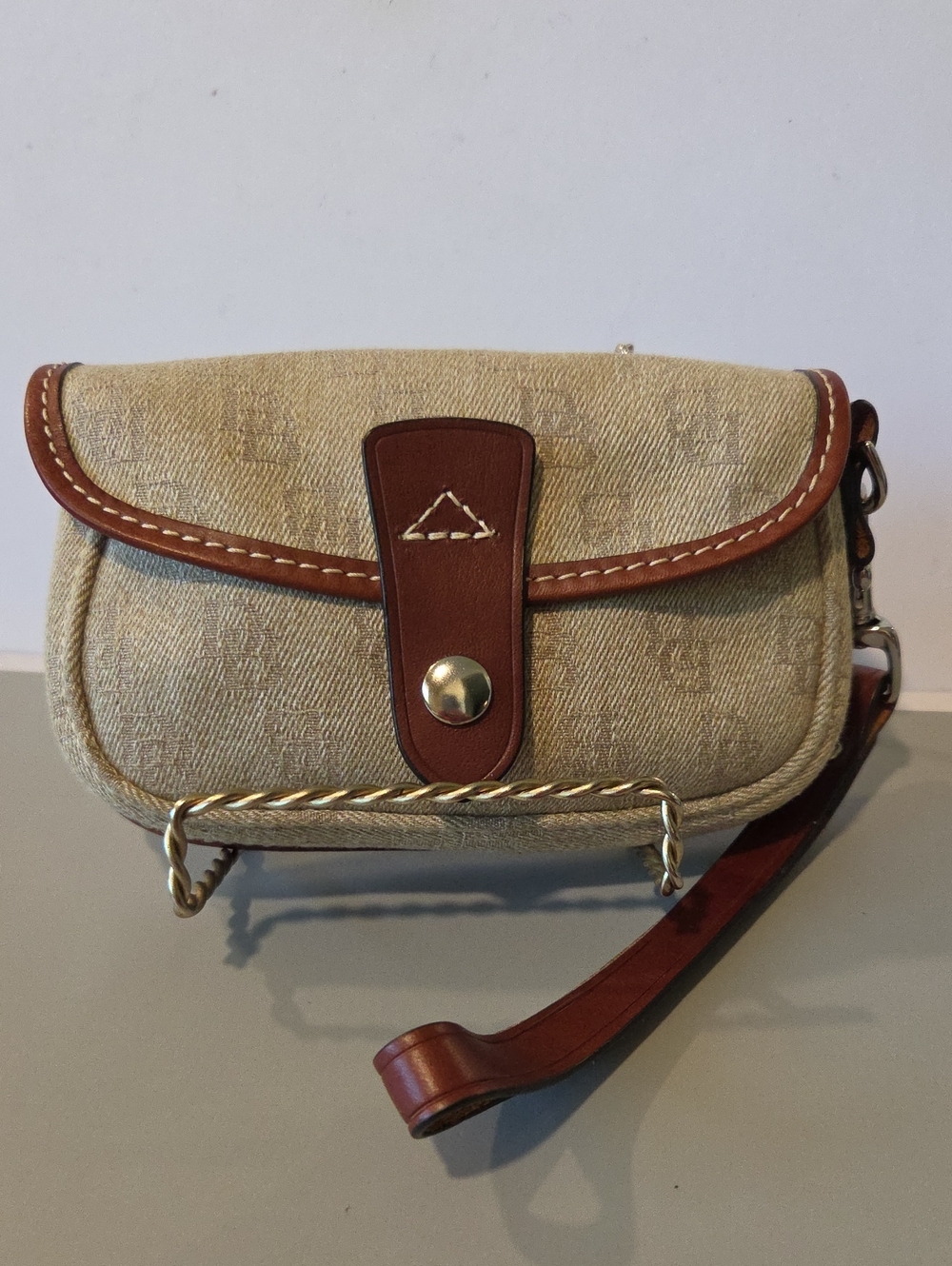 Dooney & Bourke Monogram Beige Canvas and Brown Leather Wristlet